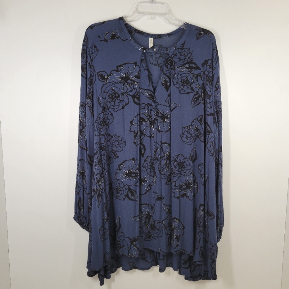 Free People Blue Black Floral Balloon Sleeves Tunic Swing Dress Size Medium